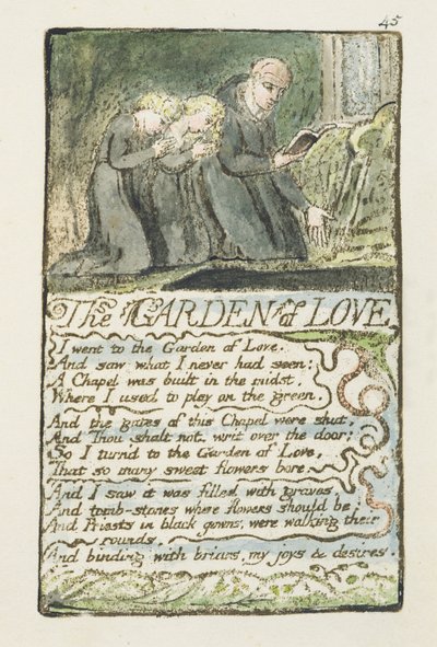 „The Garden of Love”, 45. lemez (Bentley 44) a „Songs of Inocence and of Experience”-ből (Bentley Copy L) 1789-94 (magas metszet tollal és WC-vel) alkotó: William Blake